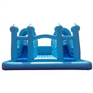 Castillo inflable azul de doble carril con tobogán, castillo hinchable comercial para exteriores con piscina de pelotas - Product Image 1