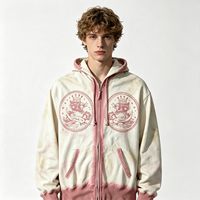 Hoodie Zip Up Vintage Heavyweight Streetwear dengan Detail Trim Pink Distressed, Desain Lucu, Pakaian Merek Fashion Pria, Grosir