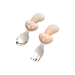 Juego de tenedor y cuchara para bebé con forma de seta, mango de silicona de acero inoxidable 304 para utensilios de comedor para niños de 1 a 2 años - Product Image 4
