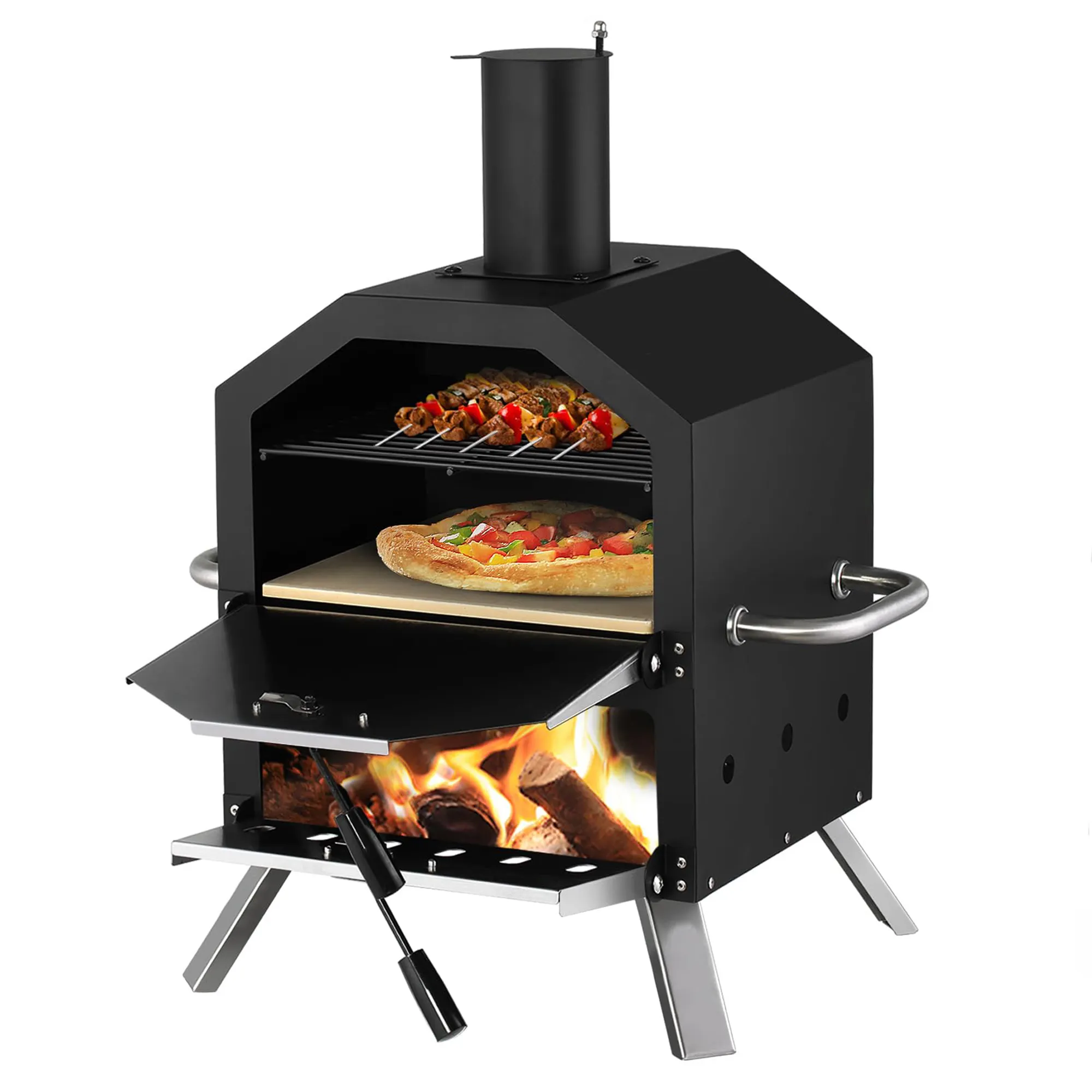 2-Layer 16" Pizza Maker Big Capacity Stainless Steel Manual Bread Pizza Oven with Peel Stone Waterproof Cover