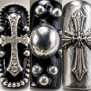 Faux ongles à presser Chrome Croix Gothique, aspect métallique, longs, couvrants, avec colle, design personnalisé - Product Image 2