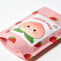 Sachet alimentaire vide rose imprimé sur mesure, mat, refermable avec fermeture éclair et encoche de déchirement, pour bonbons et snacks à la fraise, vente en gros