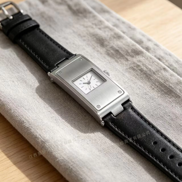 Women's Vintage  Watch Silver Rectangle Case Black Leather Strap Minimalist Quartz Wristwatch for Ladies