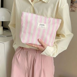 OEM Custom Stripe Portable Travel <b>Cosmetics</b> Wash <b>Bag</b> Stripes <b>Large</b> Toiletry Pouch Eco Cotton Canvas <b>Cosmetic</b> Make up <b>Bag</b> - Product Image 3