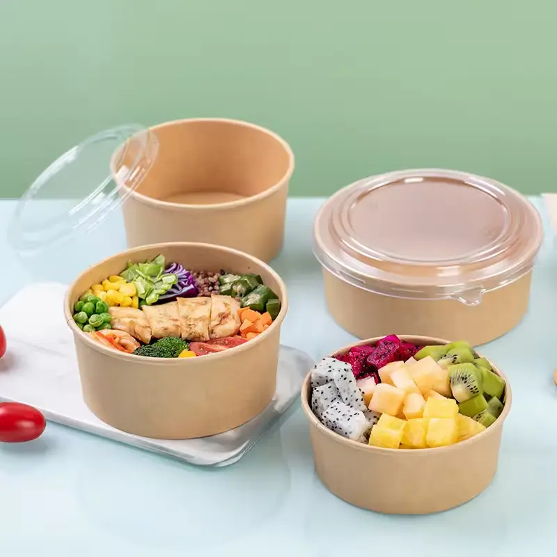 Одноразовый контейнер для еды на вынос, Салатница из крафт-бумаги с крышкой для домашних животных, чаша из крафт-бумаги