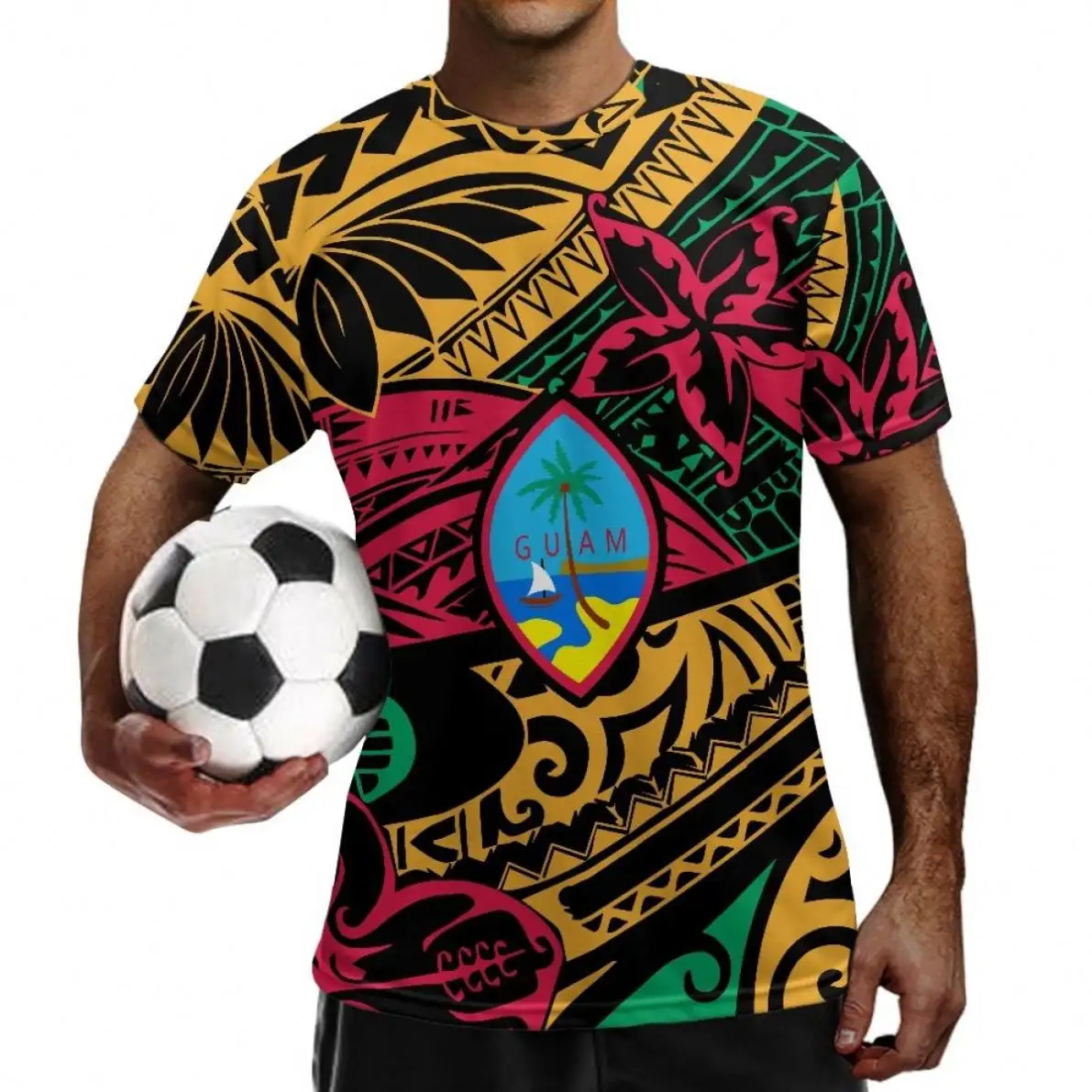 Minimum sipariş miktarı futbol eğitimi üniforma polinezya kabile dövme Totem GUAM Logo konfor futbol Tee fabrika ile son