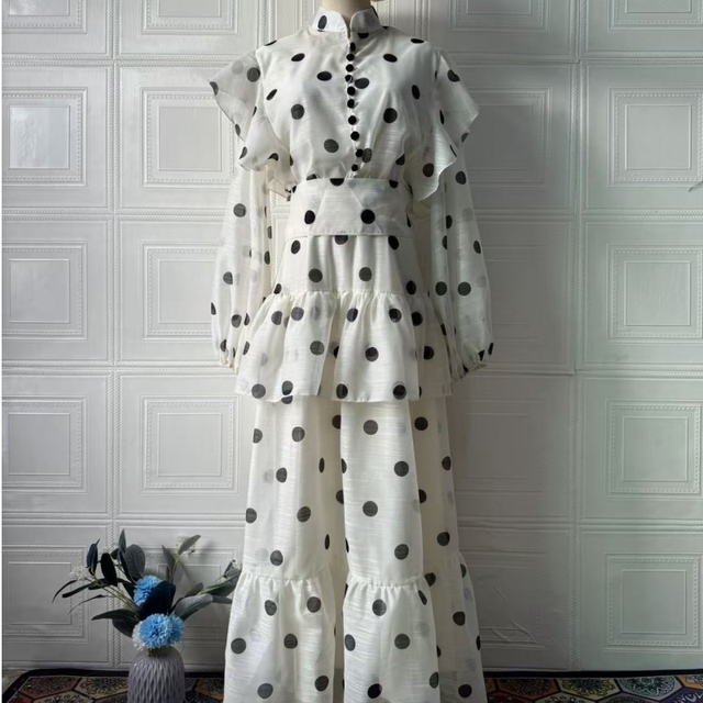 Clothes Women Dress Vintage Polka Dot Dress Stand Collar Puff Sleeve A-Line  Elegant Dress Fashion Women Clothes Wholesale