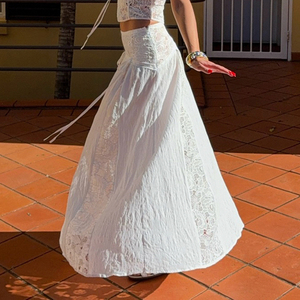 Falda midi de cintura alta con encaje tejido blanco para mujer, falda de moda para vacaciones de verano - Product Image 4