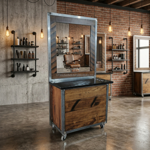 Station de barbier vintage en bois de style campagnard avec dessus en contreplaqué et tiroirs durables pour salon de coiffure et barbier - Product Image 1