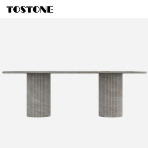 Tostone Mesa de comedor ovalada de cuarcita natural Taj Mahal sólida y gruesa con base de piedra resistente, resistente a los arañazos para la familia - Product Image 4
