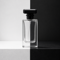 Flacon de parfum de luxe sophistiqué en verre rectangulaire transparent avec fermeture géométrique noire et atomiseur à fine brume