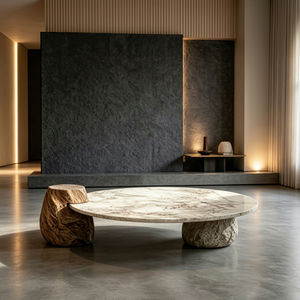 Table basse contemporaine en marbre naturel avec base sculpturale en pierre pour les espaces de vie modernes - Product Image 1