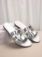 Sandales plates à découpes en argent métallisé pour femmes, style décontracté d'été, tongs de plage, logo personnalisé disponible