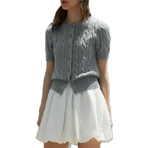 Blusa de malha de cabo de manga curta para mulheres, moda verão, top 100% algodão personalizado, blusa de alta qualidade