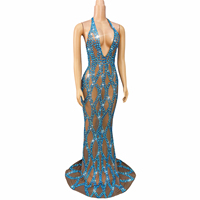 Novance Y5373 Vente à Chaud Produits Chic Halter Sexy Sirène Robe De Bal Strass Brillant Bleu Robes pour Femmes Robes De Soirée