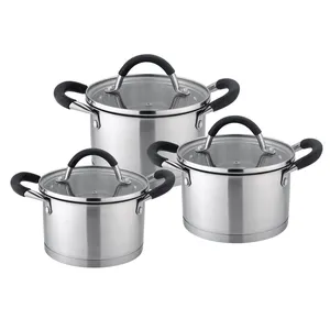 Kitchen Stainless Steel 18/10 Cooking Pot Set with Silicon Soft Touch Handle 20/22/24cm