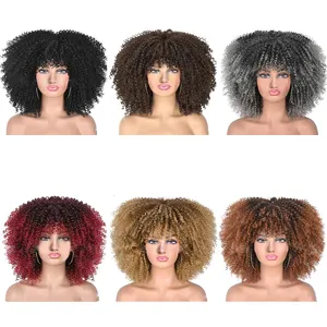 Kleurrijke Goedkope Afro Kinky Krullend Pruiken Met Pony Voor Zwarte Vrouwen Hoge Temperatuur Afrikaanse Synthetische Glueless Cosplay Pruiken