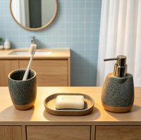 Ensemble d'accessoires de salle de bain en pierre de ciment avec base en bambou, 3 pièces : distributeur de lotion, gobelet, porte-savon, kit de bain, décoration pour la maison et l'hôtel