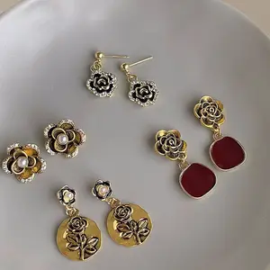 Vintage Encrusted Diamond Flower Earrings Female French Niche Camellia Earrings Chic High Sense Of Ear Jewelry