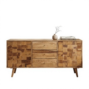 Commode en teck massif de style mid-century modern avec 3 tiroirs et design patchwork pour le rangement dans le salon - Product Image 4