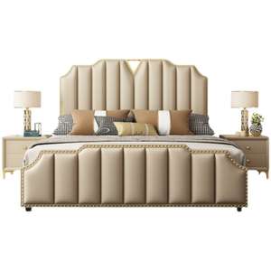 <span class=keywords><strong>Lit</strong></span> élégant à capitons verticaux : Accents dorés en forme <span class=keywords><strong>de</strong></span> clous, table <span class=keywords><strong>de</strong></span> chevet assortie, pièce maîtresse moderne pour la chambre à coucher - Product Image 6