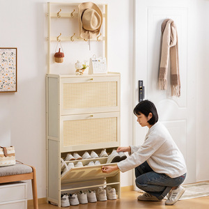 Ultra-<b>Thin</b> Bamboo Rattan <b>Shoe</b> <b>Rack</b> Stackable Design Three-Tier Storage Space-Saving for Home/Dorm Use - Product Image 2