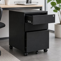 Meuble de rangement mobile en métal noir sans poignée avec serrure centralisée et roulettes silencieuses pour le rangement de documents sous le bureau