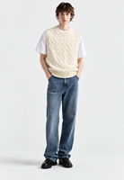 Gilet en tricot torsadé personnalisé pour homme, col rond, sans manches, couleur crème, style preppy, service ODM
