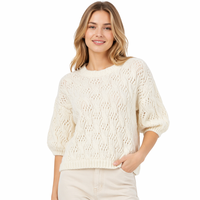 Suéter de Punto Casual de Alta Calidad para Mujer, Cuello Redondo, Manga Corta Abullonada, Color Marfil, Diseño Pointelle, Otoño Invierno, OEM ODM