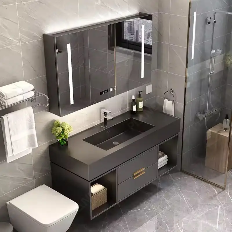 Banyo ekipmanları çekmece depolama lüks masif ağaç ve mermer masa beyaz lake banyo Vanity