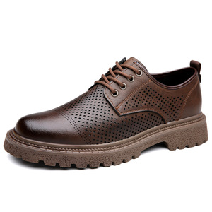 Chaussures d'été pour hommes en cuir de vachette marron, ajourées, à lacets, basses, décontractées, pour le travail, origine Wenzhou - Product Image 5