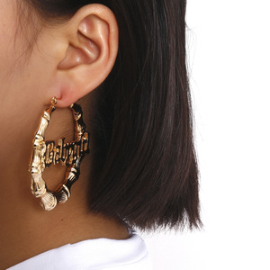 Pendientes <span class=keywords><strong>de</strong></span> <span class=keywords><strong>aro</strong></span> grandes <span class=keywords><strong>de</strong></span> <span class=keywords><strong>oro</strong></span> con letras 'BABY GIRL' exageradas estilo americano, <span class=keywords><strong>de</strong></span> bambú, para niñas, joyería - Product Image 2