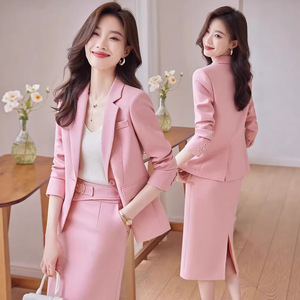 Women's Pink Two Piece Suit Set Midi Skirt Elegant Work Commuting Anti Wrinkle Worsted Fabric - Product Image 1