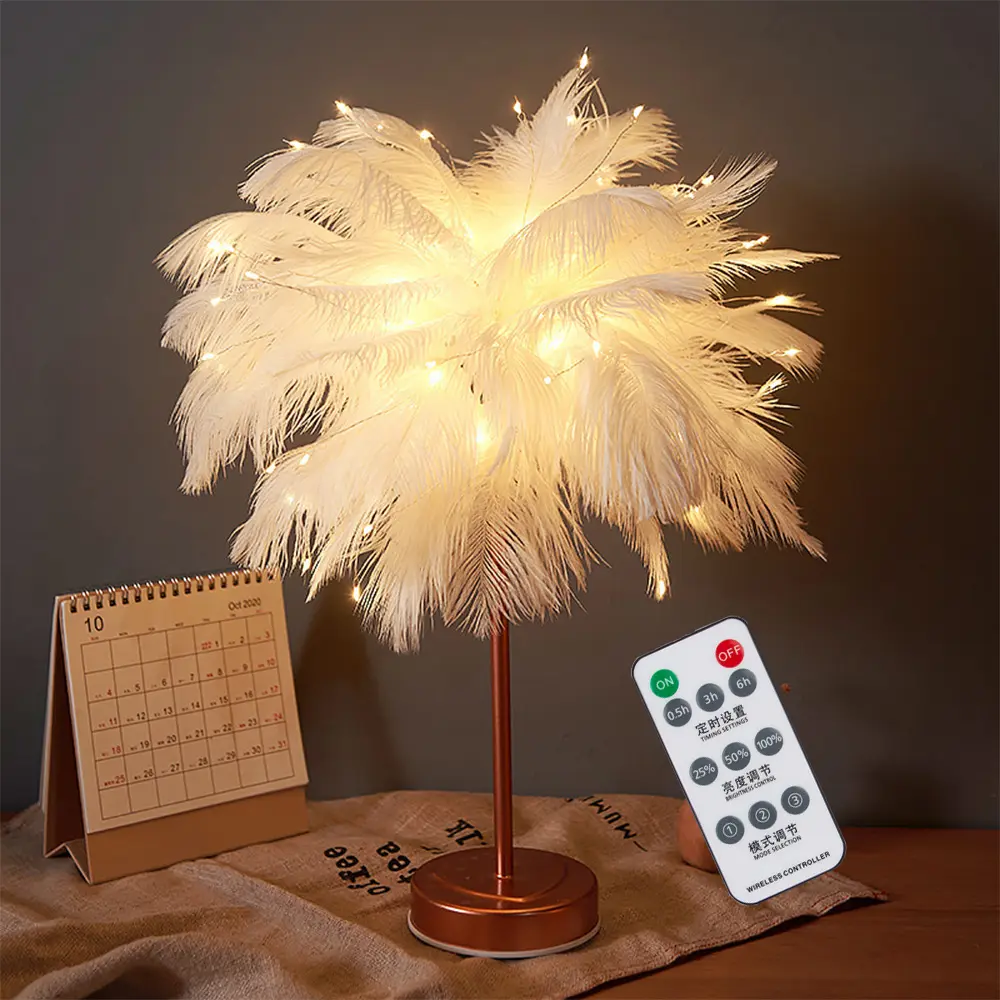Creative decoration with Remote Control Tree Feather Lampshade indoor lighting bedside desk night lights home decor table lamp