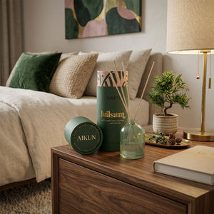 Aikun Round Glass <b>Bottle</b> 44ml Natural Rattan Sticks IP12 <b>Reed</b> <b>Diffuser</b> With Cylinder Paper Box Balsam Wood Scent For Bedroom - Product Image 1