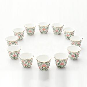 Ensemble de tasses à café en céramique de luxe au design moderne du Moyen-Orient et de style arabe tasse Qahwa florale tasse <span class=keywords><strong>Kawa</strong></span> en porcelaine avec bord doré - Product Image 1