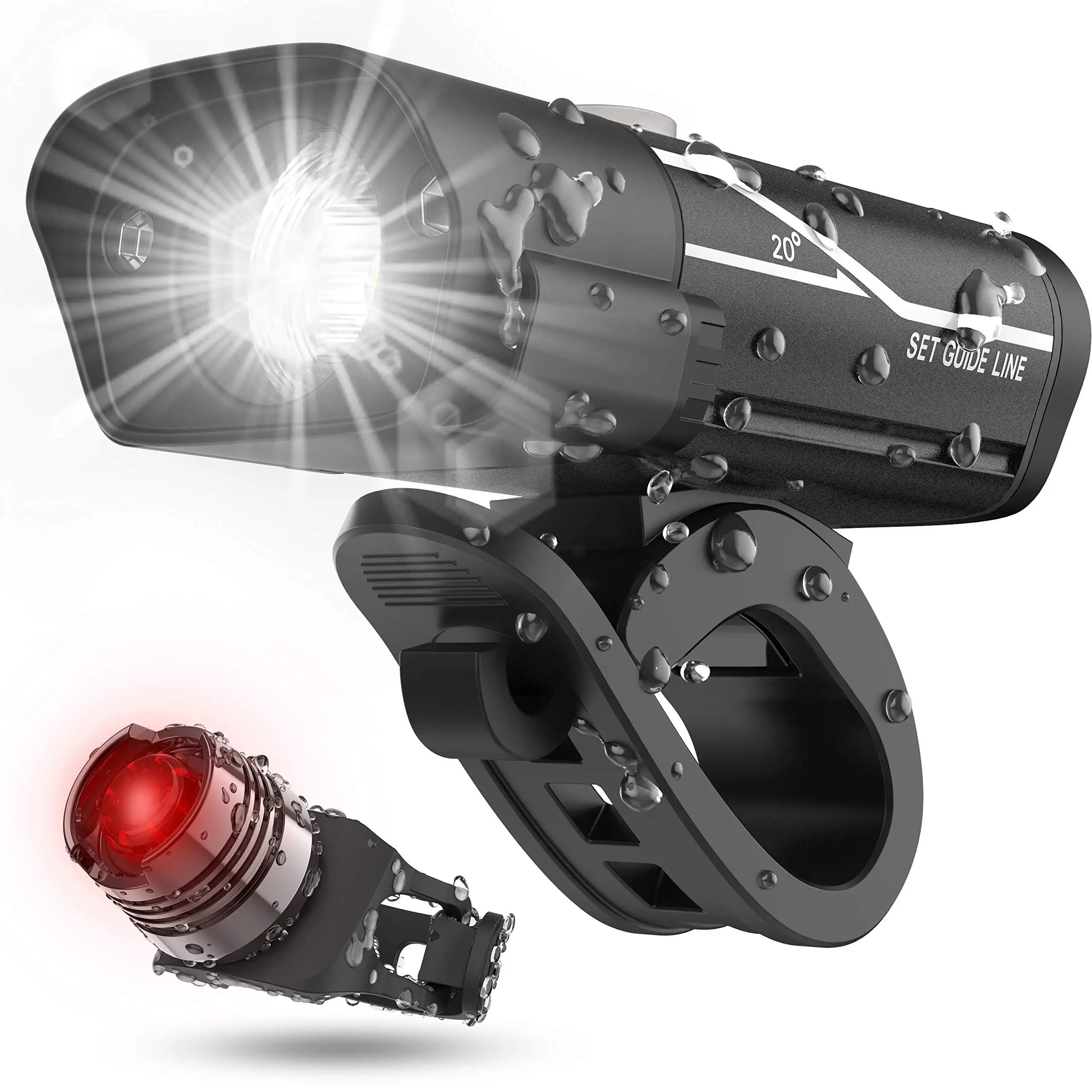 USB rechargeable IPX4 waterproof Bicycle LED Headlight and Back bike Light Set with 5 lighting options