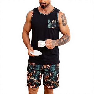 Men's Black Striped Silk Screen Printed Tank Top Set Polyester/Cotton Knitted Fabric Quick Dry Breathable Summer Wear Crew Neck - Product Image 4