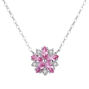 Minimalist Flower Jewelry Sterling Silver Full Pink Zircon Crystal Snow Flake Pendant Italian Necklaces
