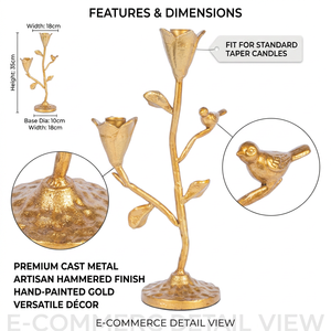 เชิงเทียนลายดอกไม้สีทองพร้อมลวดลายรูปนกสำหรับตกแต่งบ้าน - Product Image 4