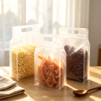 Sacs alimentaires à fond plat givrés transparents avec fermeture éclair et poignée de transport, en stock, pour emballage alimentaire personnalisé