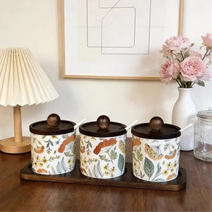 <span class=keywords><strong>Set</strong></span> di Barattoli per Condimenti in Ceramica Vintage con Motivi Floreali e Foglie, con Vassoio in Legno di Bambù, Contenitori per Spezie per Casa e Ristorante - Product Image 1