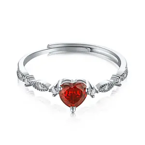 Dylam Trendy Style 925 Sterling Silver Heart Lab Created Red Ruby 925 Sterling Silver Women's Promise Ring for Party
