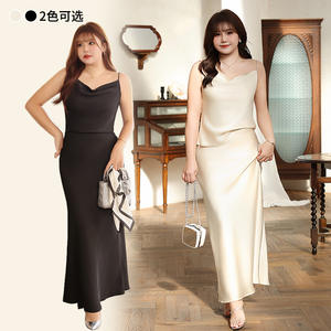 ชุดกระโปรงมิดิผ้าซาตินสำหรับผู้หญิงรันฉีสีทึบแขนกุดขนาดพลัสไซส์ N8663 - Product Image 2