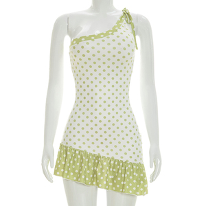 Viviblook J26DS154 Women Summer Sleeveless Dress Sexy Polka Dot <b>Print</b> Single Shoulder Lace Up Asymmetrical <b>Mini</b> Bodycon Dresses - Product Image 2