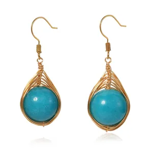 Fashion DIY handmade 14k gold filled wire wrapped natural sea blue color jade gemstone statement earrings trend 2022