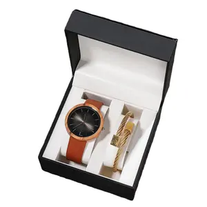 売れ筋ミニマリストカスタムレザー木製時計卸売クォーツ男性木製時計セットブレスレット
