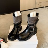 Bottes mi-mollet pour femmes à bride à boucle, design en matériaux mixtes, semelle plate, style mode décontracté, bottes d'équitation, vente en gros
