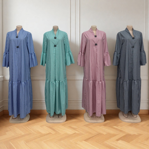 Nouvelle <span class=keywords><strong>robe</strong></span> longue à carreaux pour femmes, col montant, manches longues, plissée, grande <span class=keywords><strong>taille</strong></span>, tendance, vente en gros - Product Image 2