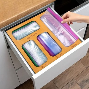 Organisateur de sacs de rangement pour aliments en bois avec quatre compartiments pour l'organisation des tiroirs de cuisine, couleur bois naturel rectangulaire - Product Image 1